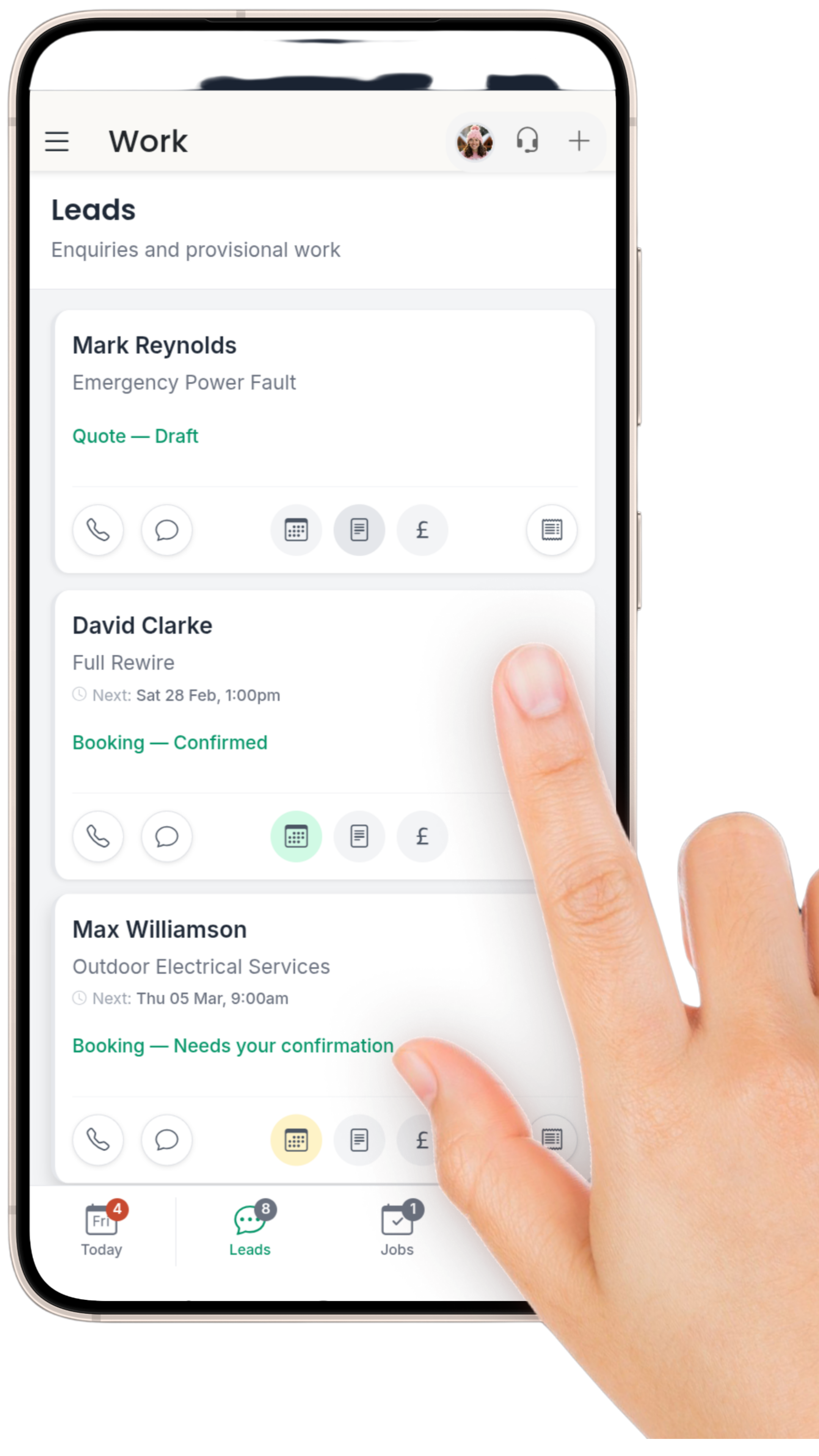 Work pipeline — manage leads, jobs, and completed work